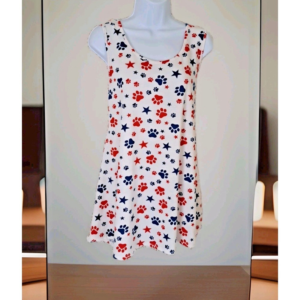 LuLaroe Perfect Tank Top M Red White Blue Dog Paw Prints Stars Side Slits Flowy
